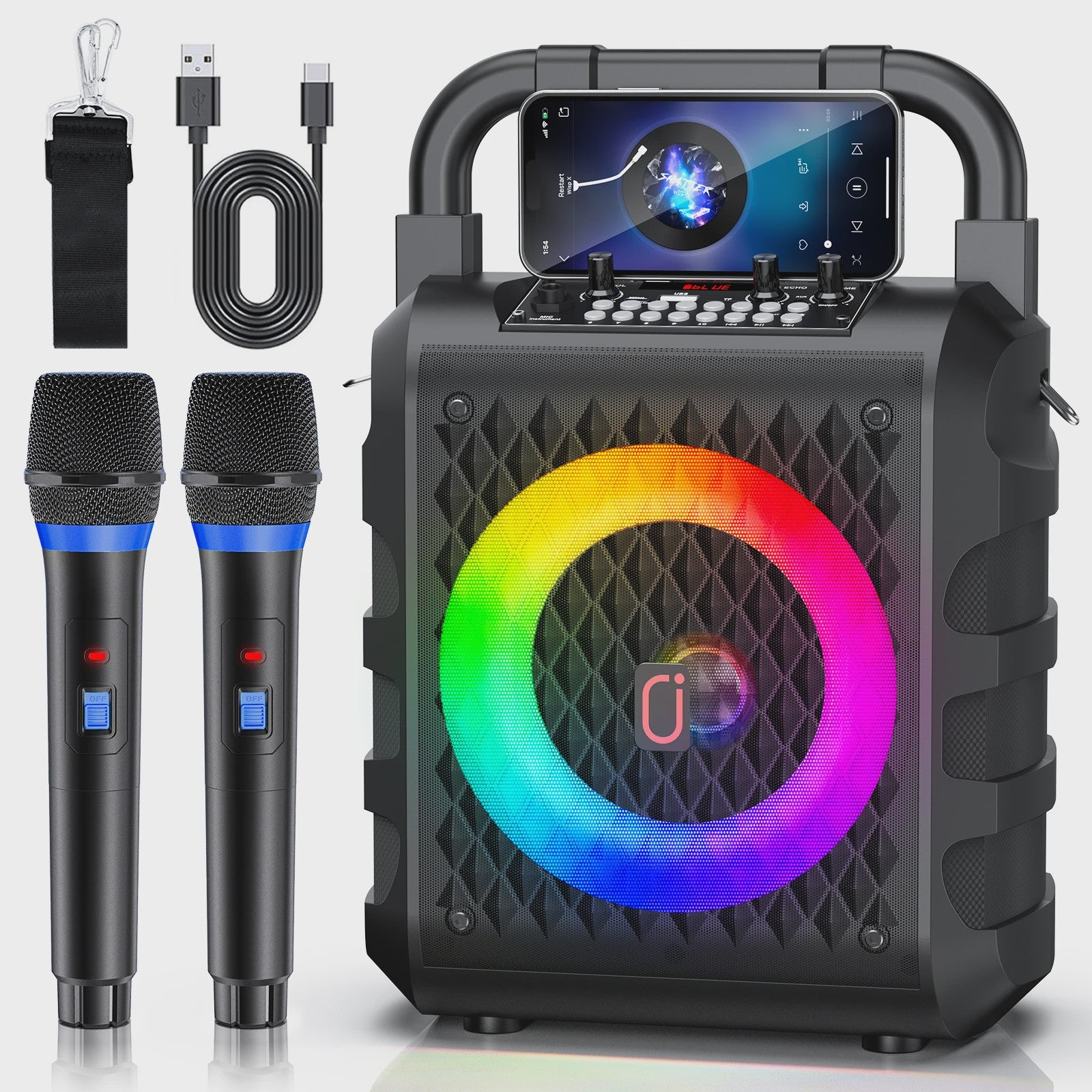 T18 Draagbare Bluetooth Speaker met Microfoon, LED Licht & Karaoke Functie