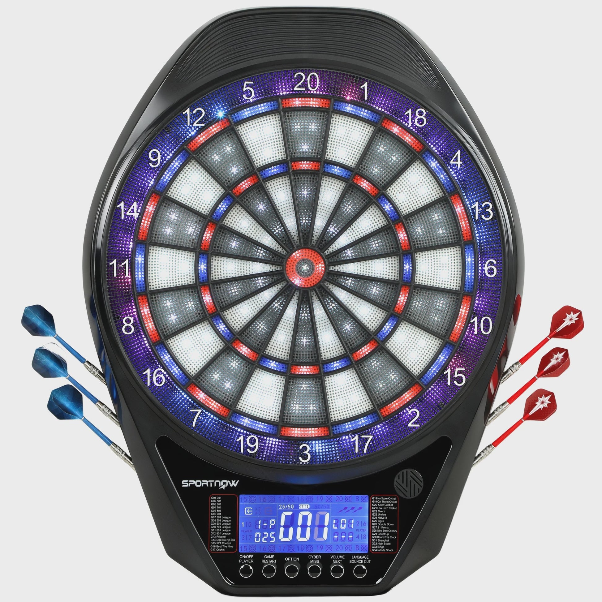 Sportnow Elektronisch Dartbord met LED Scherm, 34 Spellen en 6 Darts - Multicolor