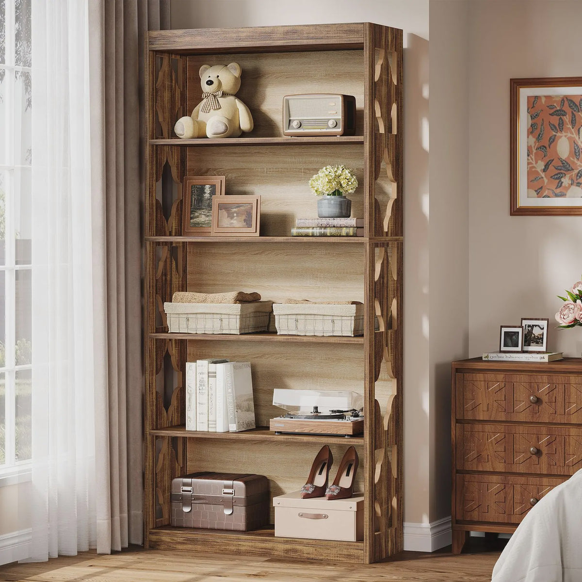 Tribesigns Hoge Boekenkast met 6 Niveaus - Rustiek Houtnerf Design