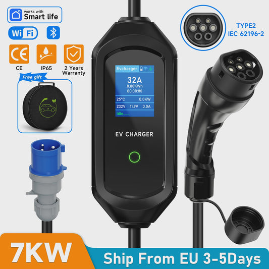 Draagbare EV Charger 7KW 32A Type 2 met WiFi/APP & Bluetooth Bediening