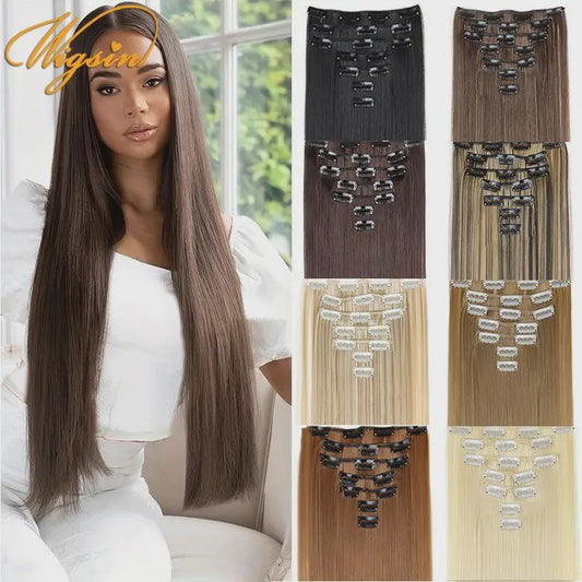 24 Inch Synthetische Haarverlenging met Clips - 7 Delig Set - Lang Steil Haarstuk voor Dames
