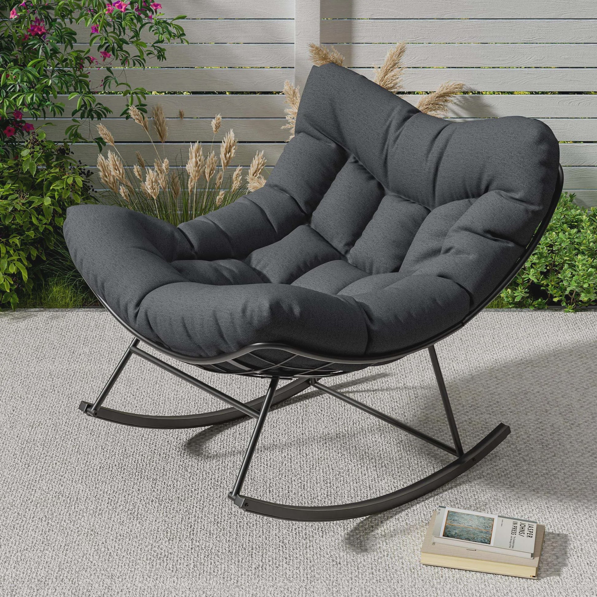 Oversized Papasan Schommelstoel Buiten - Comfortabele Lounge Stoel met Voetenbank