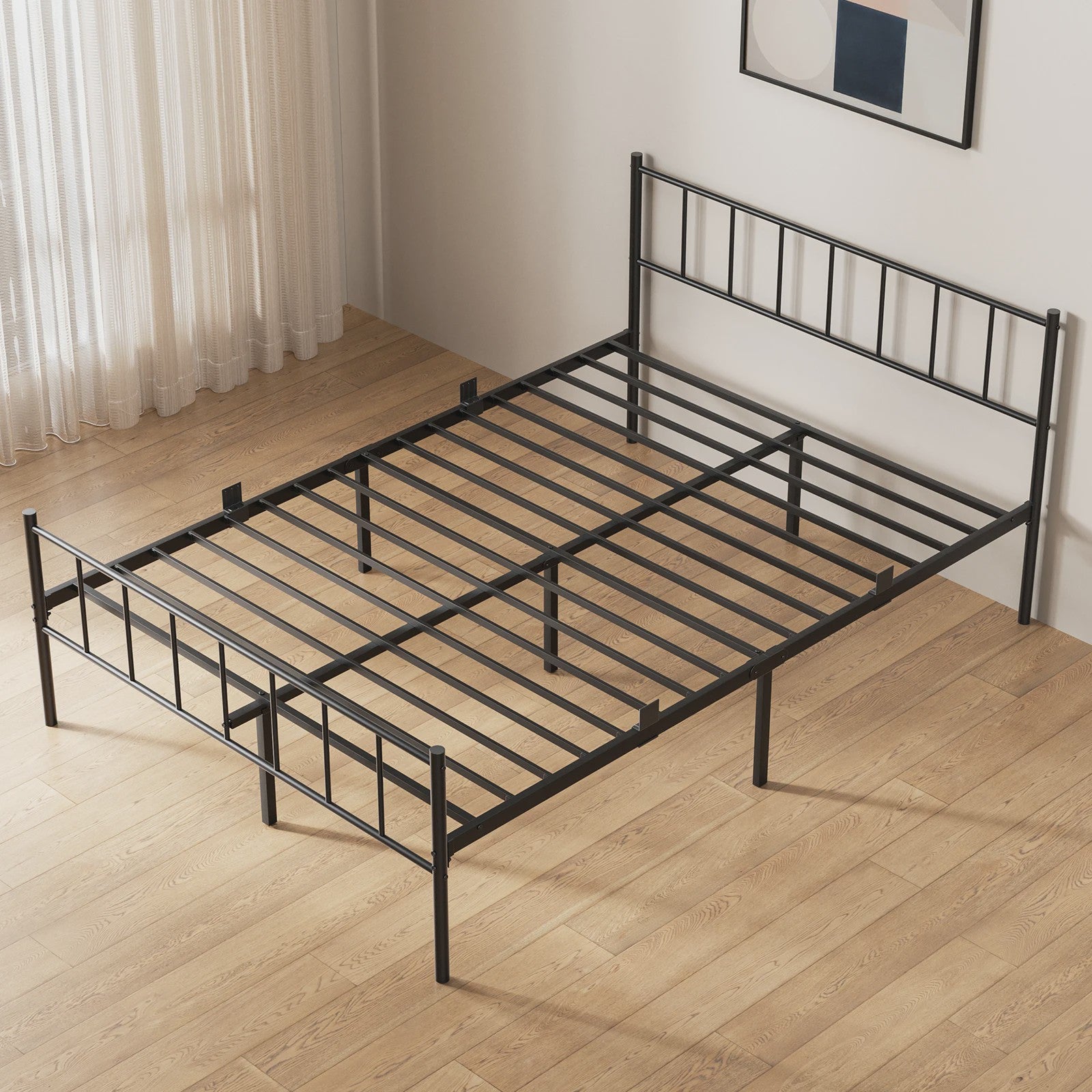 Zwart Metalen Bedframe 140x190cm met Hoofdbord, Voetbord en 32cm Opbergruimte