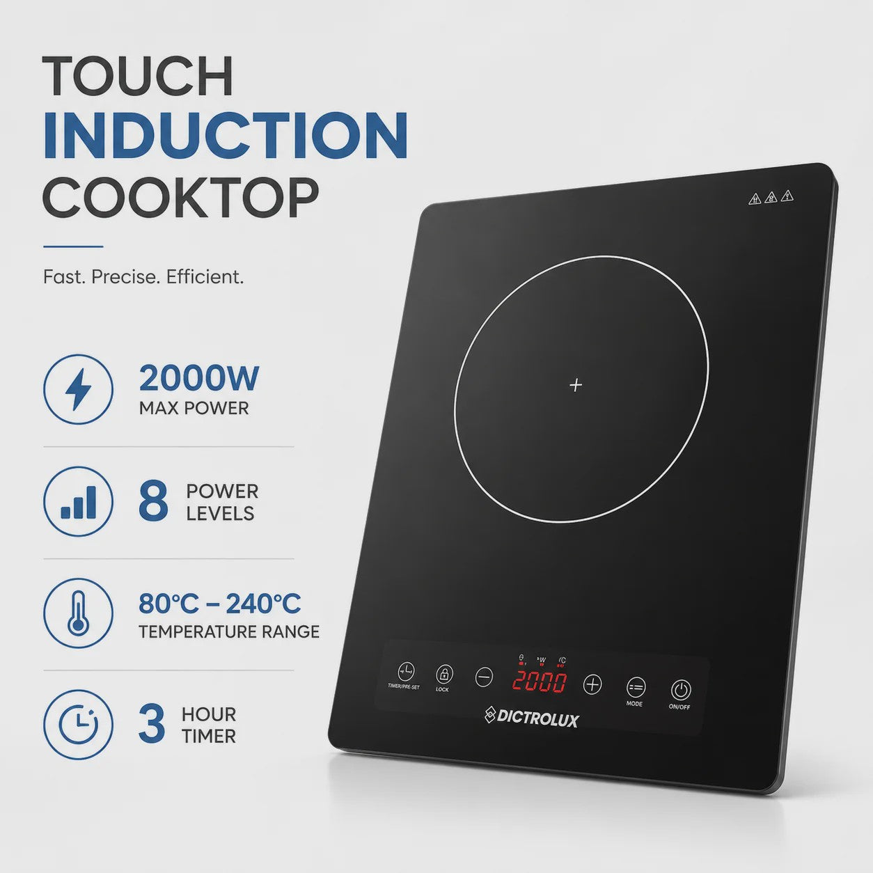 Draagbare Inductie Kookplaat 2000W met Touch Control en Timer