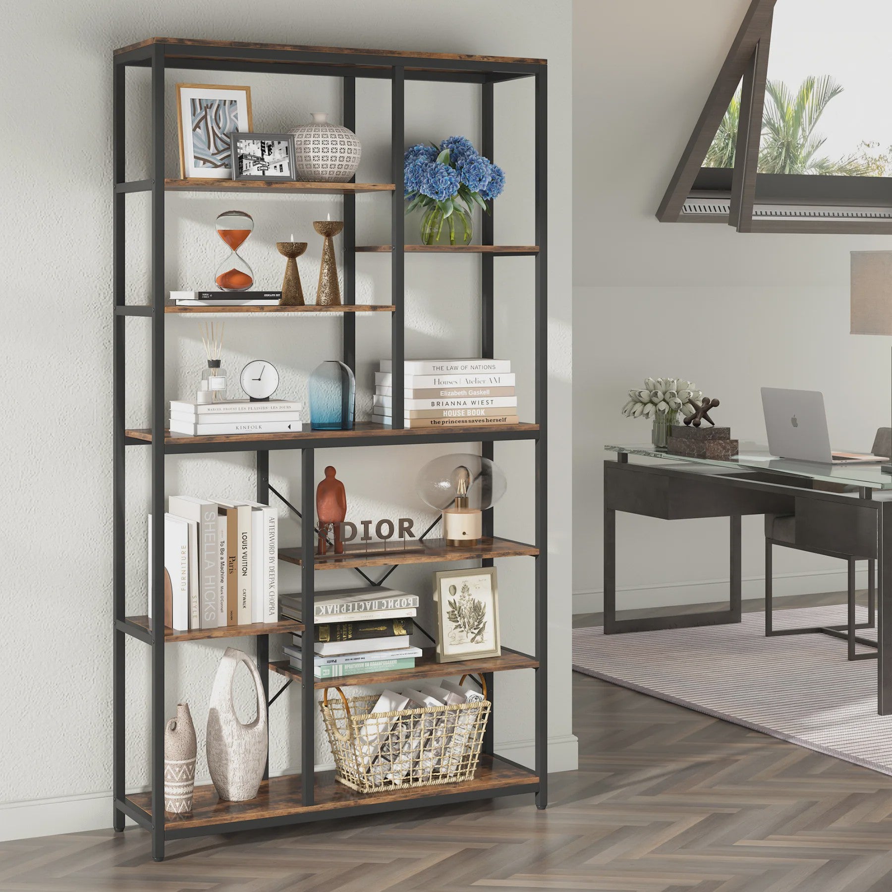 Industriële Boekenkast 79 Inch - 9 Lagen, 10 Vakken Open Opbergrek