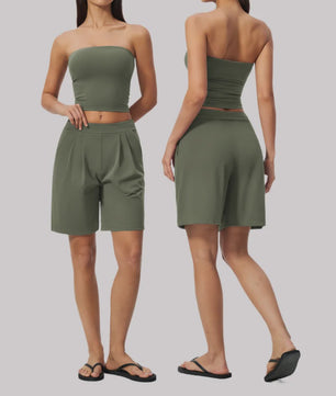 Dames Yogaset 2-delig: Strapless Crop Top & Plissé Shorts voor Fitness, Running & Gym