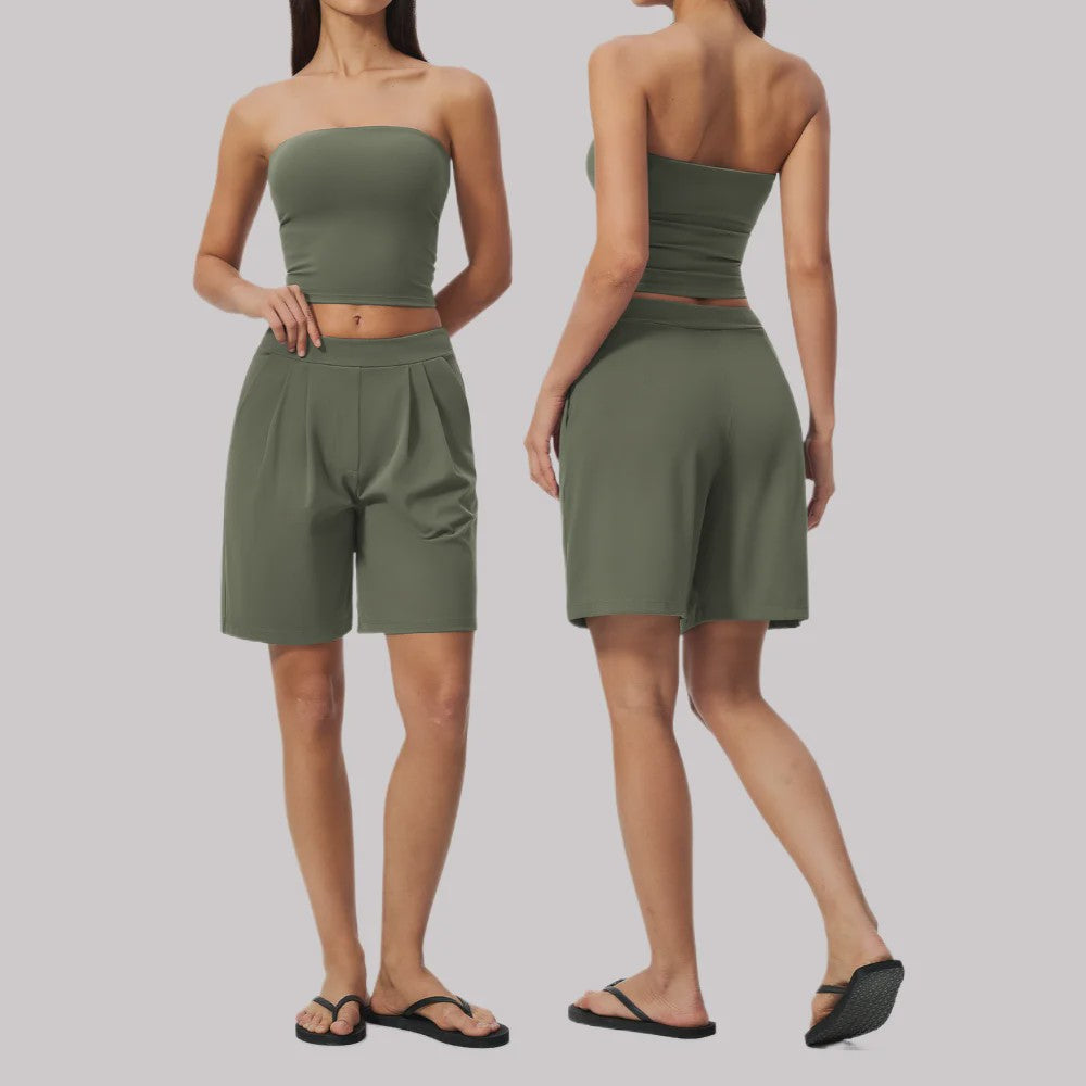 Dames Yogaset 2-delig: Strapless Crop Top & Plissé Shorts voor Fitness, Running & Gym