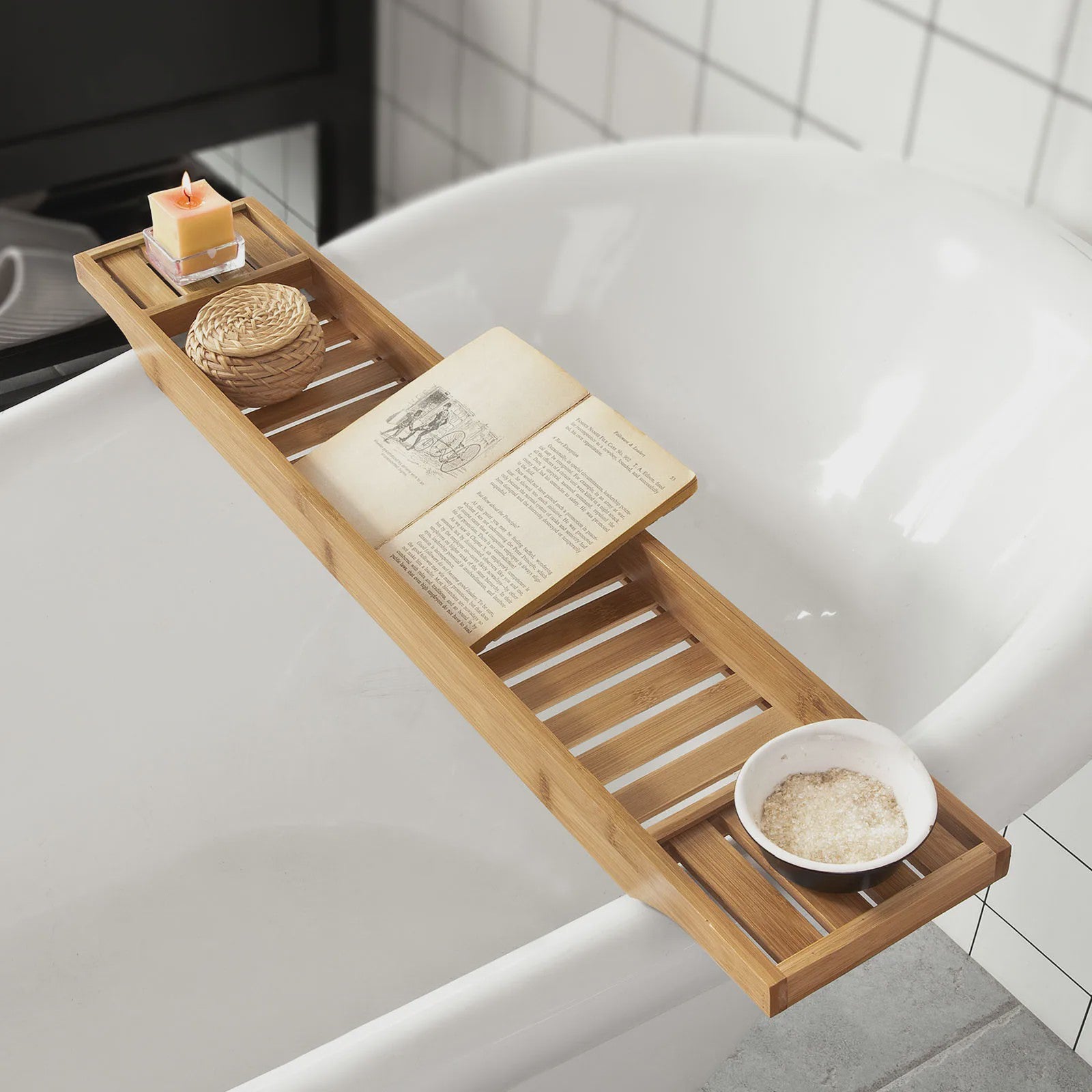 Luxe Bamboe Badplank 80cm - Extra Lang & Gelakt - Met Houders voor Wijn en Kaars
