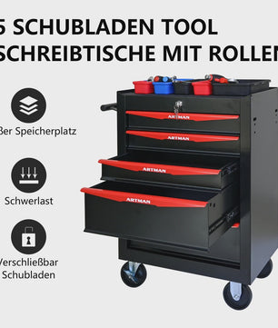 Mobiele Gereedschapswagen met 5 Lades - Zwart/Rood