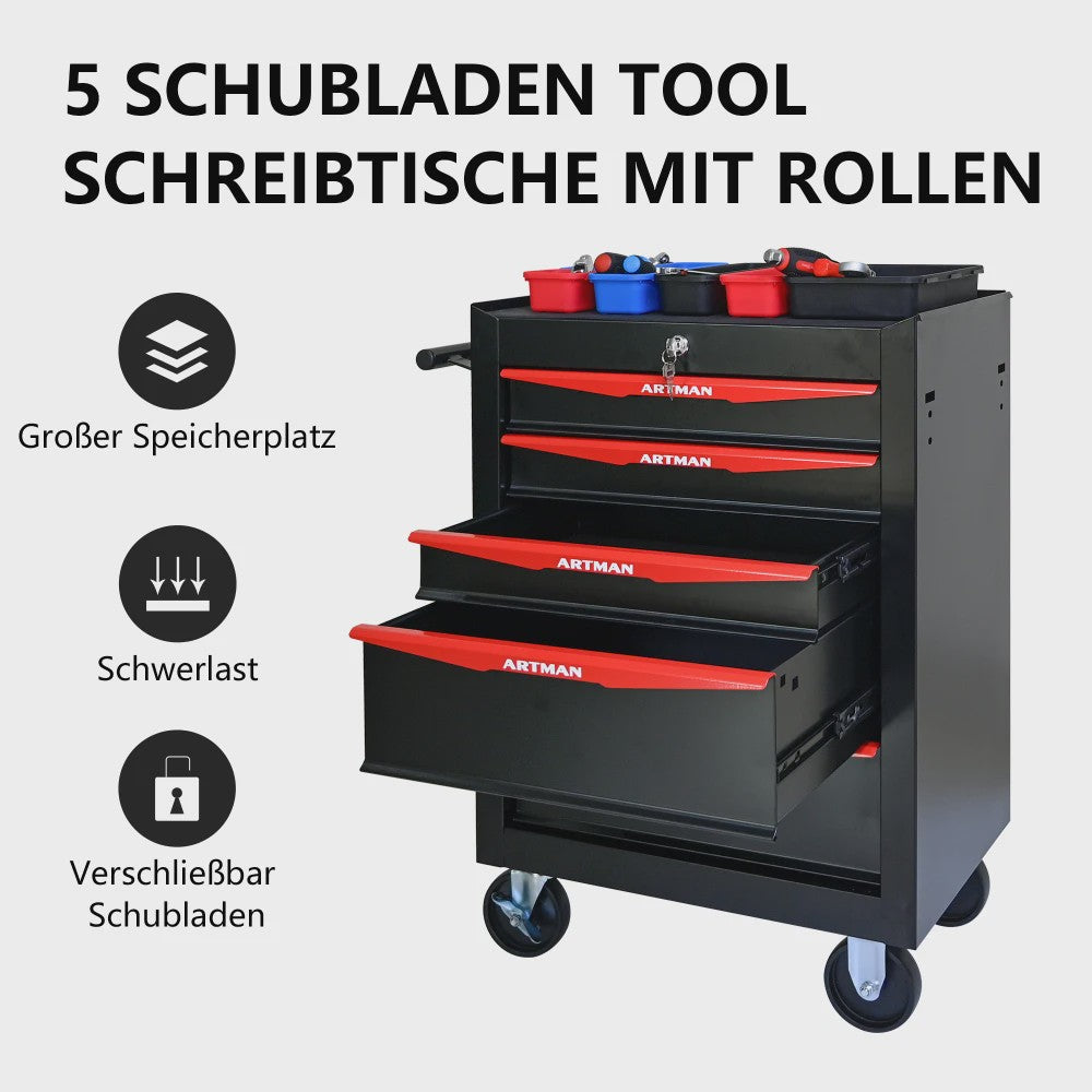 Mobiele Gereedschapswagen met 5 Lades - Zwart/Rood