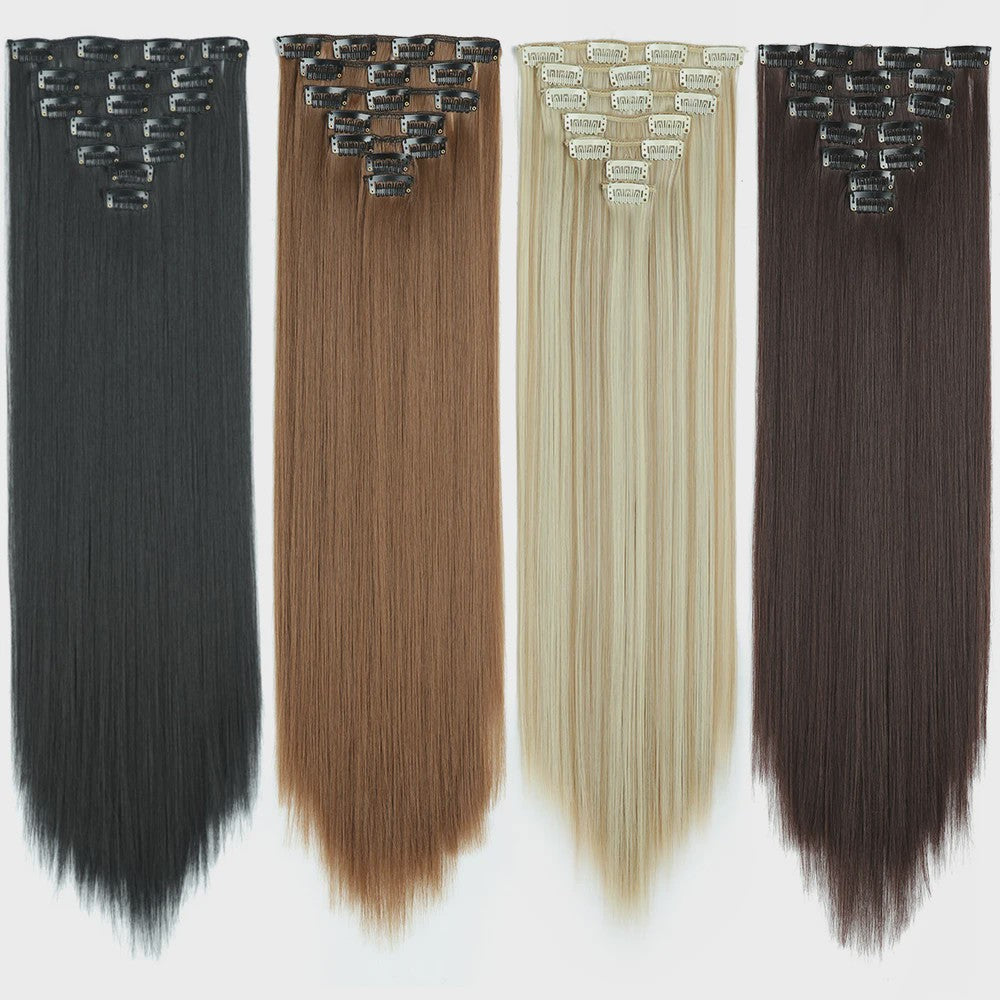 24 Inch Clip-in Haarverlenging - 7 Delig Set met 16 Clips - Synthetisch Recht Haar (Blond & Zwart)