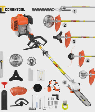 CONENTOOL 52CC 6-in-1 Benzine Grasmaaier, Bosmaaier, Heggenschaar & Kettingzaag Tuingereedschap