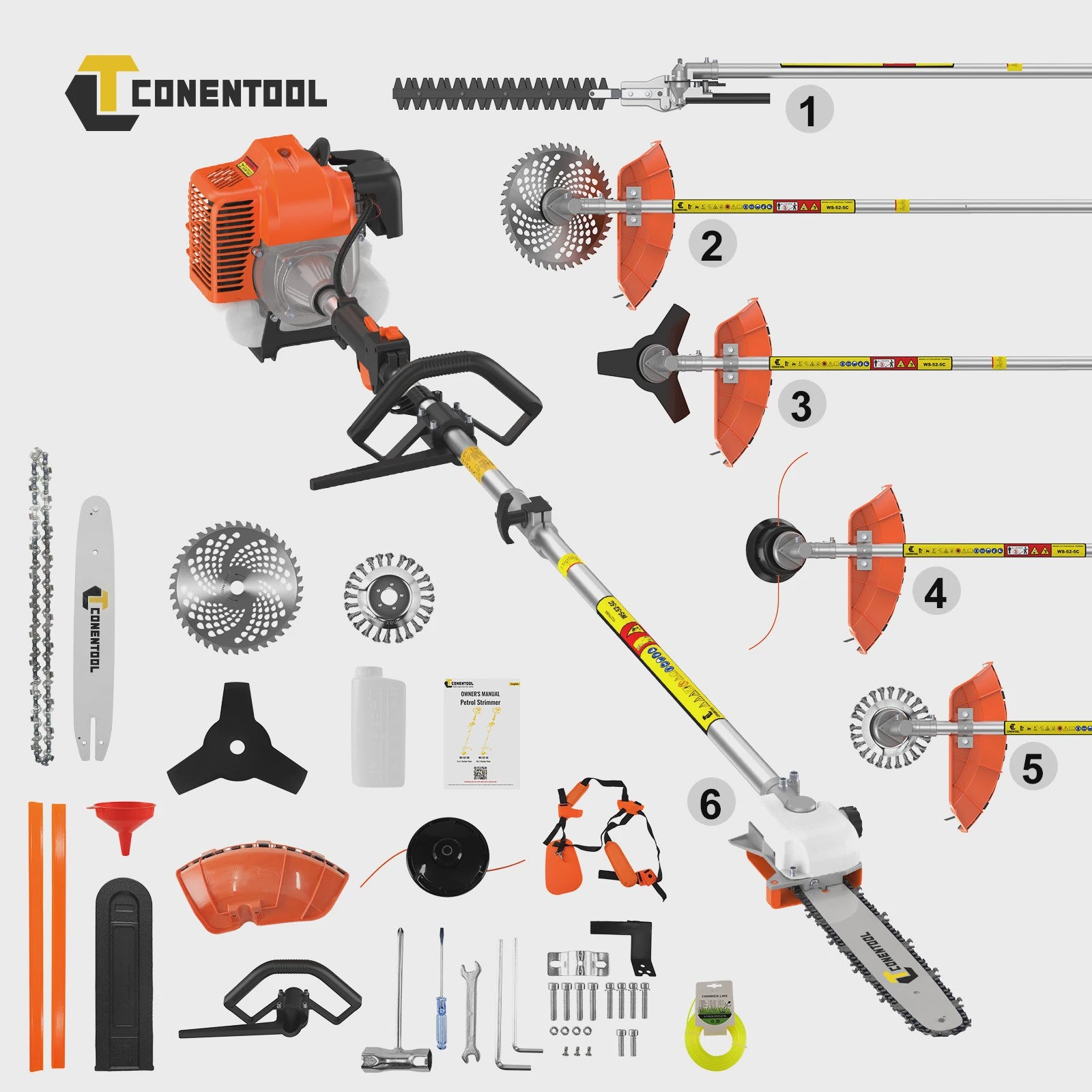 CONENTOOL 52CC 6-in-1 Benzine Grasmaaier, Bosmaaier, Heggenschaar & Kettingzaag Tuingereedschap