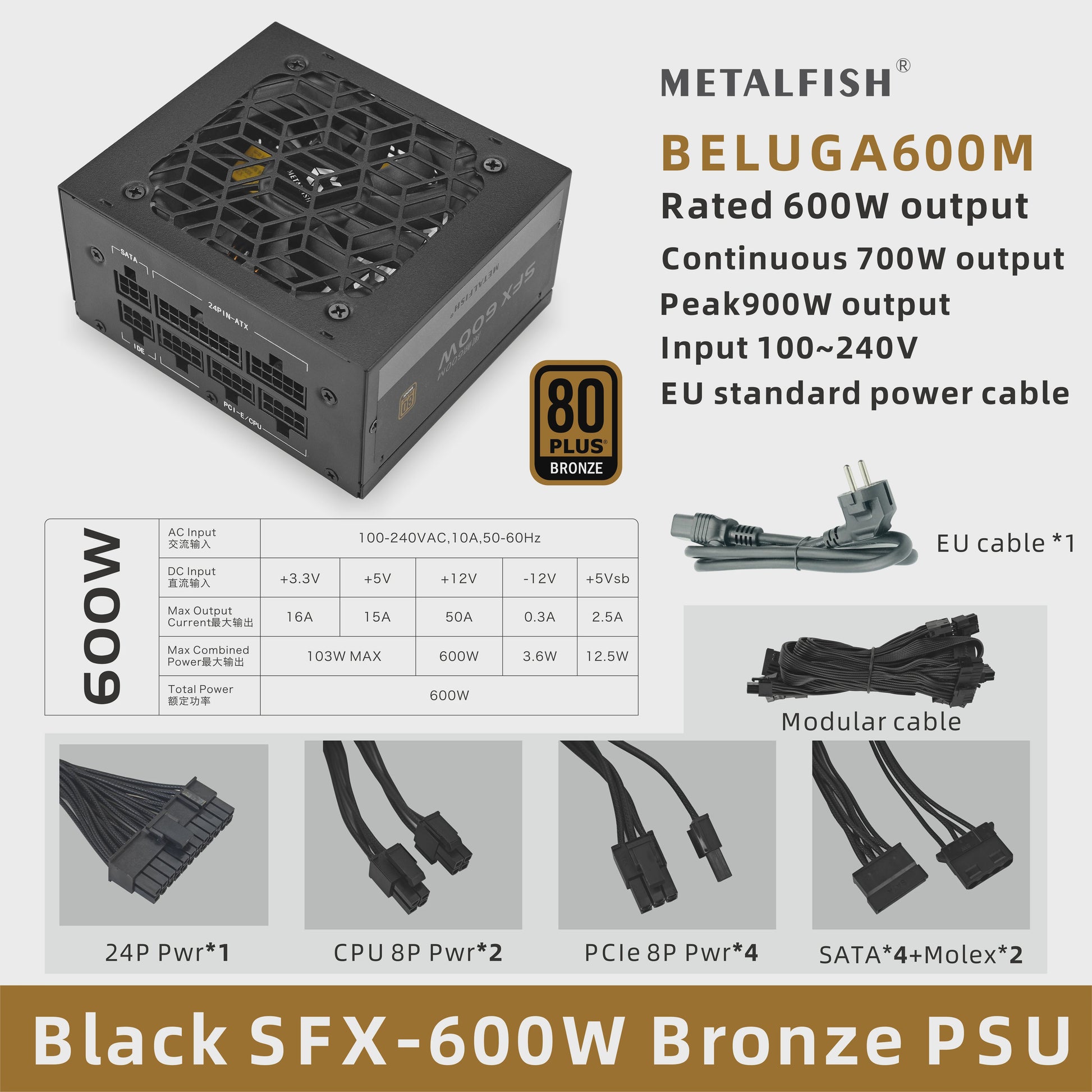 METALFISH SFX 500W/600W 80+ Bronze Volledig Modulaire Voeding voor Mini ITX PC