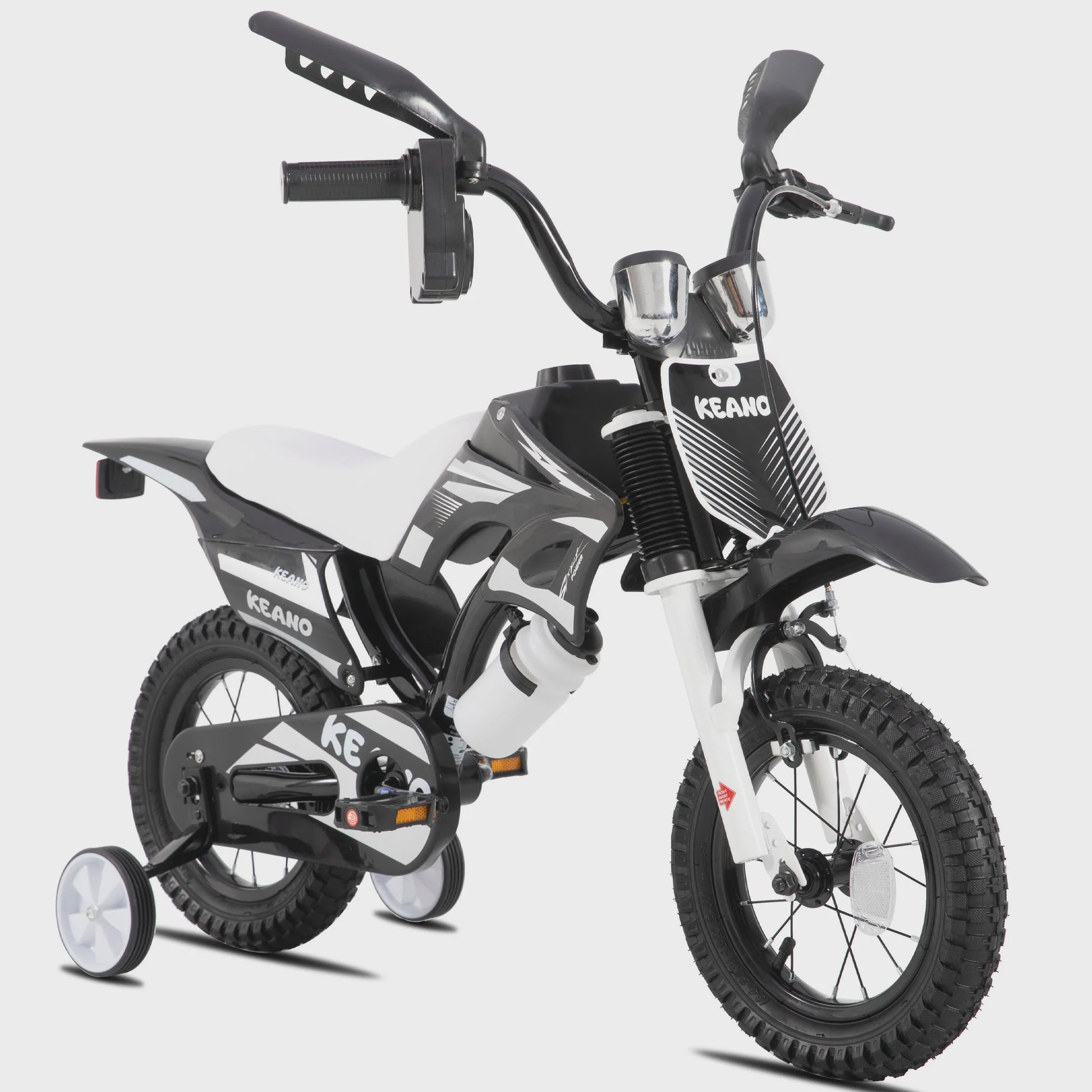 KEANO Kinderloopfiets Motocross Stijl - 12 & 16 Inch - Leeftijd 3-7 Jaar - Met Zijwielen & Nummerplaat