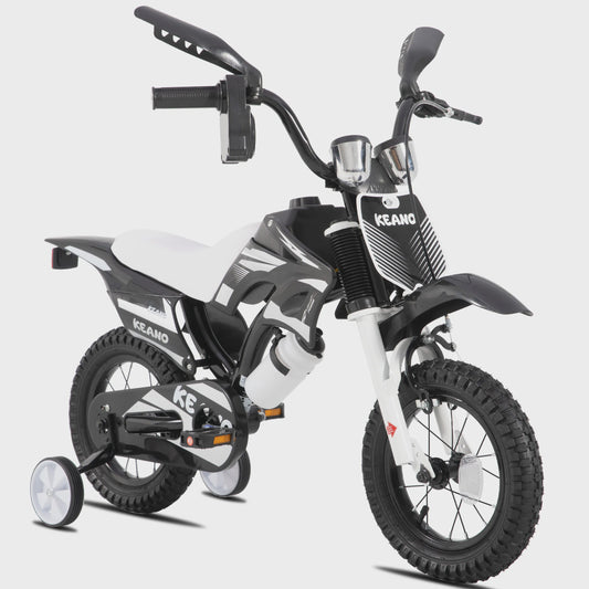 KEANO Kinderloopfiets Motocross Stijl - 12 & 16 Inch - Leeftijd 3-7 Jaar - Met Zijwielen & Nummerplaat