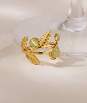 Verstelbare Blad Ring met Opaal Look - Minimalistisch Roestvrij Staal