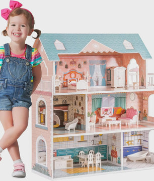 Houten Poppenhuis met Balkon - 3 Verdiepingen & 28 Accessoires - Cadeau voor Kinderen