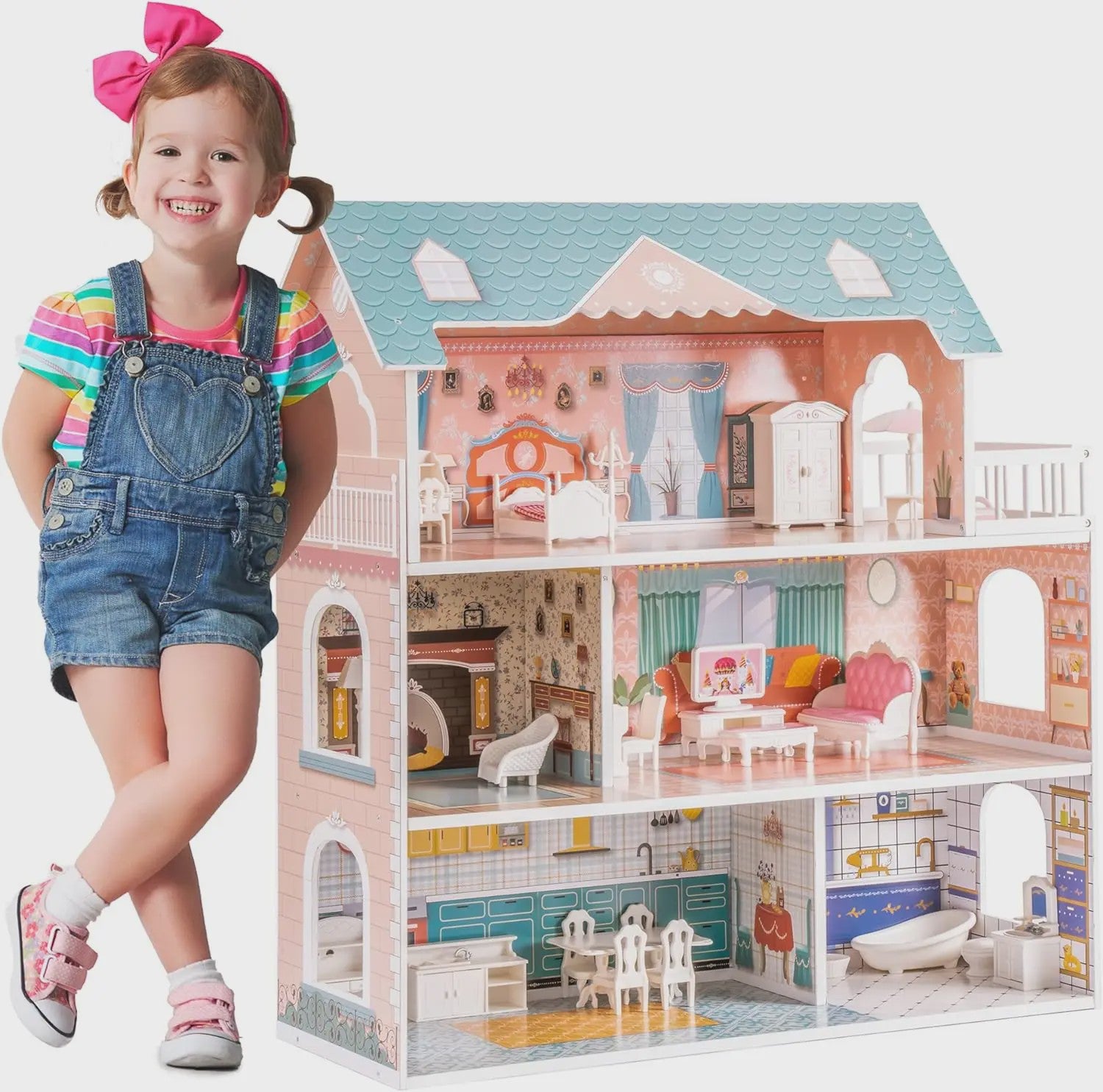 Houten Poppenhuis met Balkon - 3 Verdiepingen & 28 Accessoires - Cadeau voor Kinderen