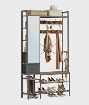 WOLTU Kapstok met Schoenrek, Spiegel en Lades - Open Garderoberek Metaal & Hout 100x30x180cm