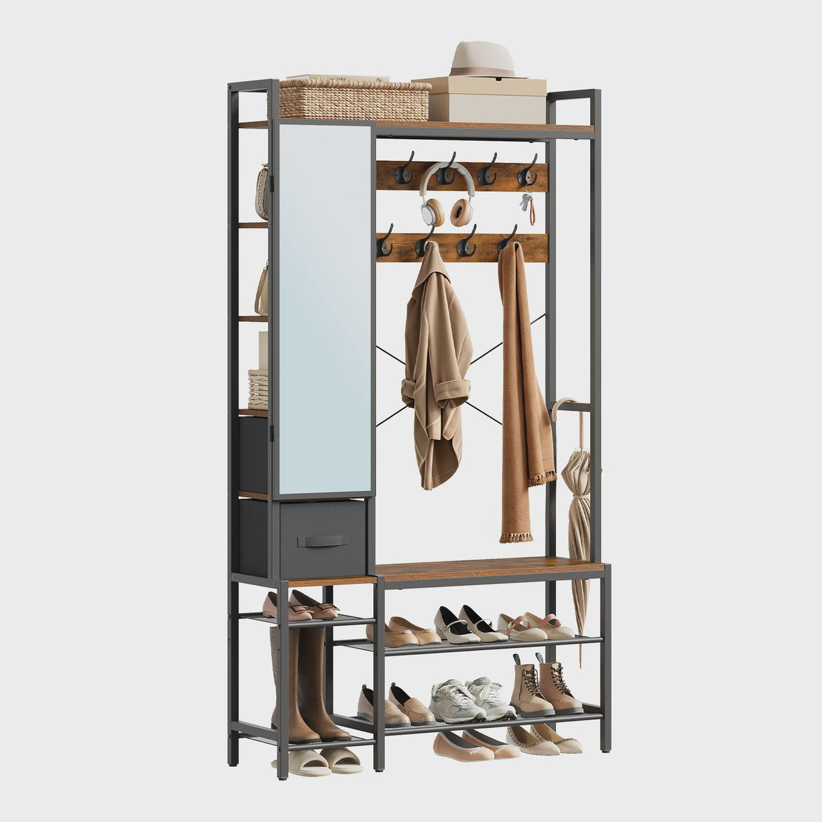 WOLTU Kapstok met Schoenrek, Spiegel en Lades - Open Garderoberek Metaal & Hout 100x30x180cm