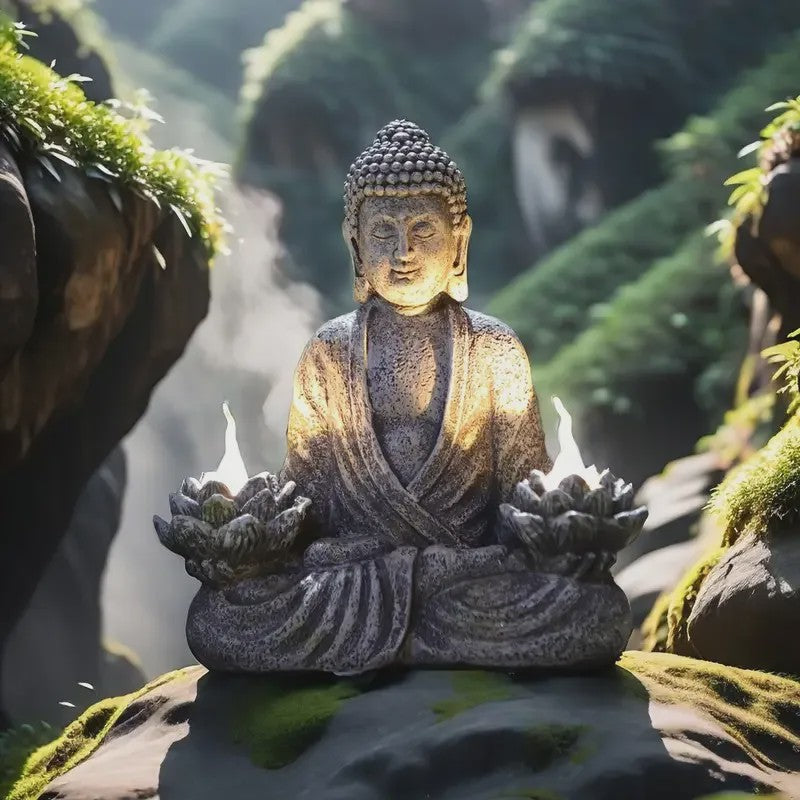 Zonne-energie Lotus Boeddha Beeld met LED Verlichting - Decoratie voor Tuin, Patio & Yoga