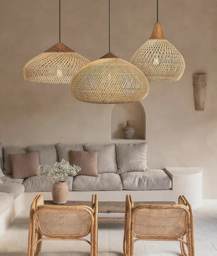 Rustieke Rotan Hanglamp Beige - Natuurlijke Wicker Plafondlamp voor Eetkamer & Woonkamer