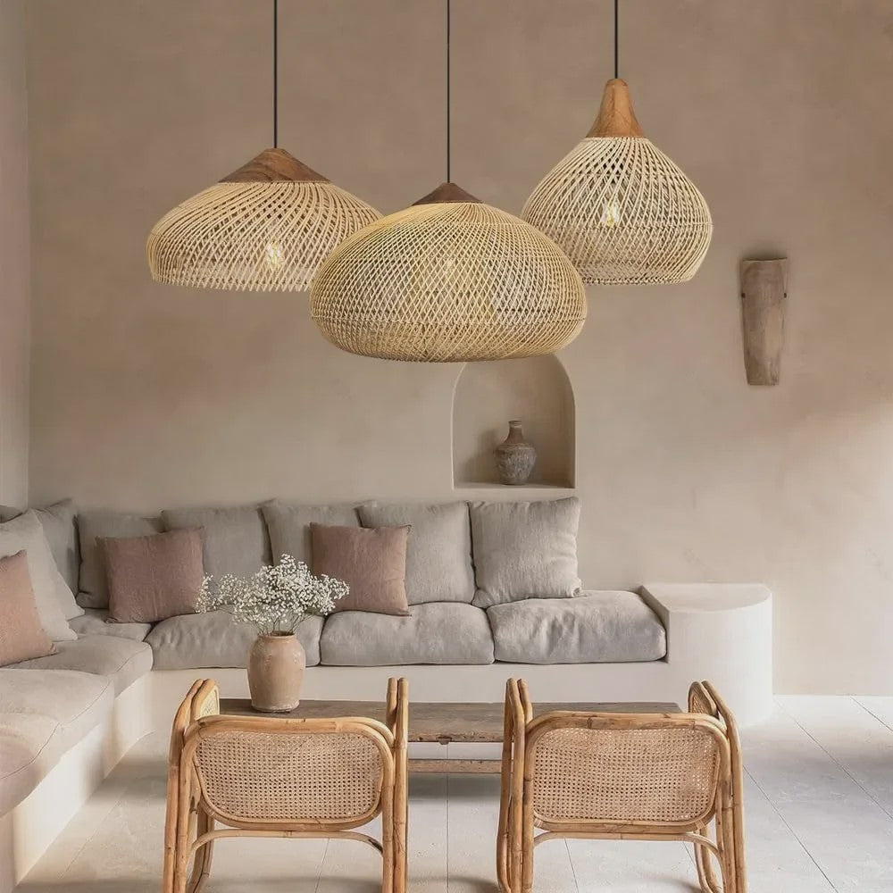 Rustieke Rotan Hanglamp Beige - Natuurlijke Wicker Plafondlamp voor Eetkamer & Woonkamer