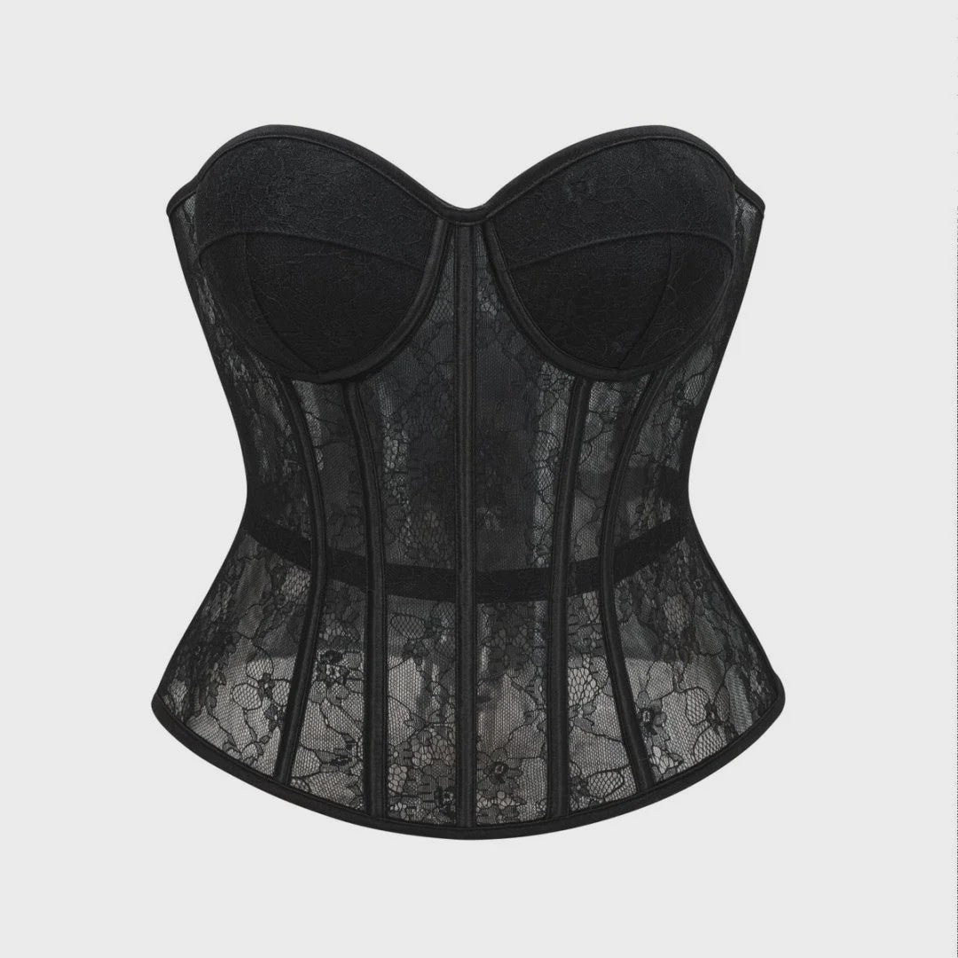 Zwarte kanten korset bustier met push-up cups en push-up effect - Lingerie en body shaper
