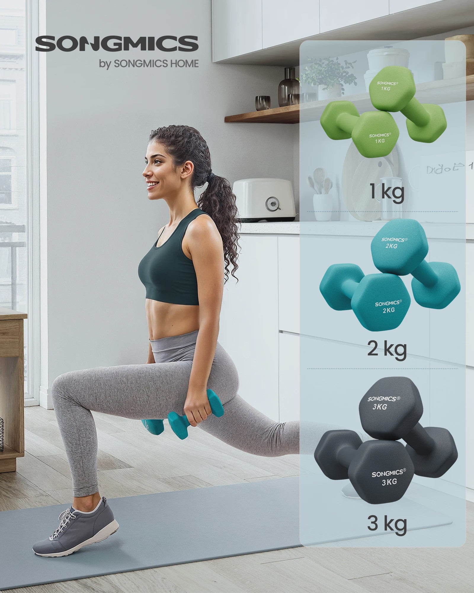 Songmics Halterset 6 Delig met Standaard - 1, 2, 3 Kg - Antislip Hexagonaal