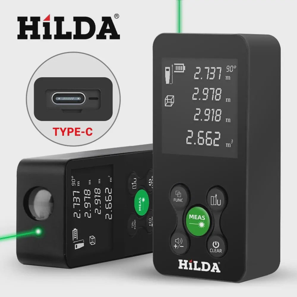 HILDA Laser Afstandsmeter 50M/100M met Rood/Groen Laser, Hoekmeting & USB-C Opladen