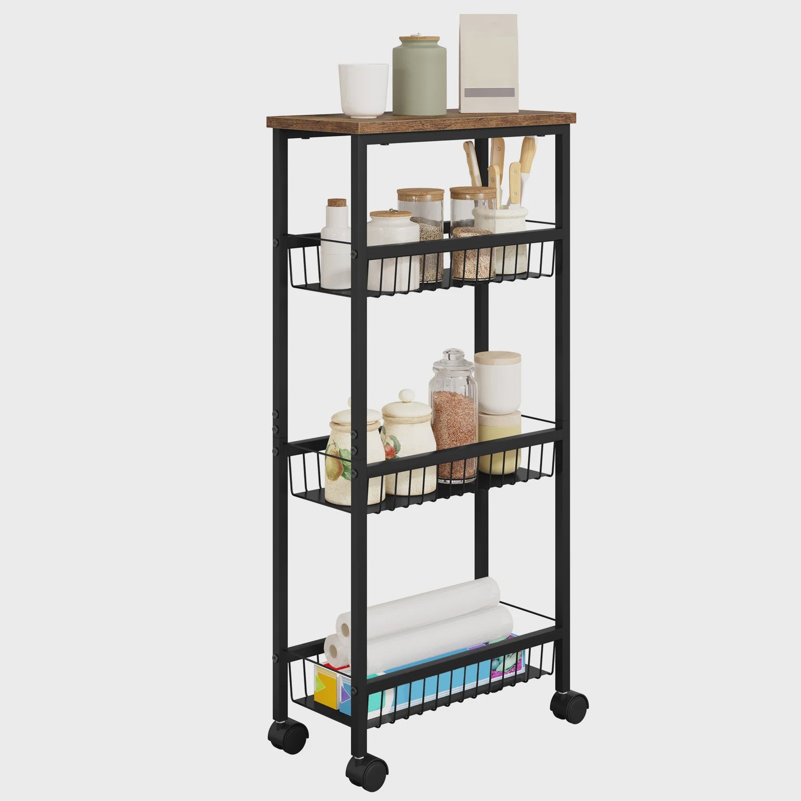 Zwarte Keukentrolley met Werkblad en 3 Manden - 40x87x20cm - Verrijdbaar Opslagrek