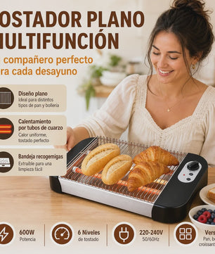 Multifunctionele Platte Broodrooster 600W met 6 Toastniveaus, Kwartslampen en Kruimellade - Ideaal voor Brood & Gebak