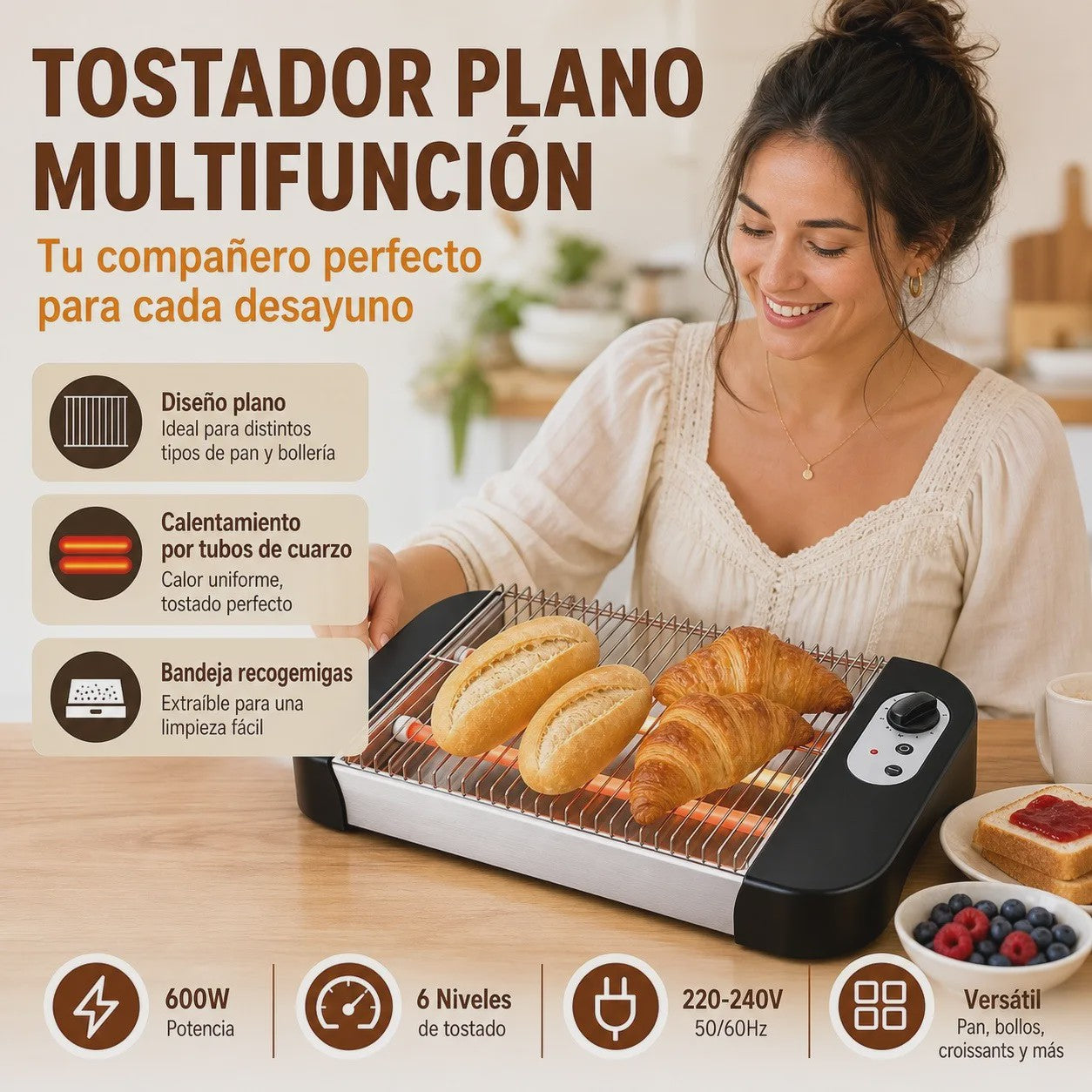 Multifunctionele Platte Broodrooster 600W met 6 Toastniveaus, Kwartslampen en Kruimellade - Ideaal voor Brood & Gebak