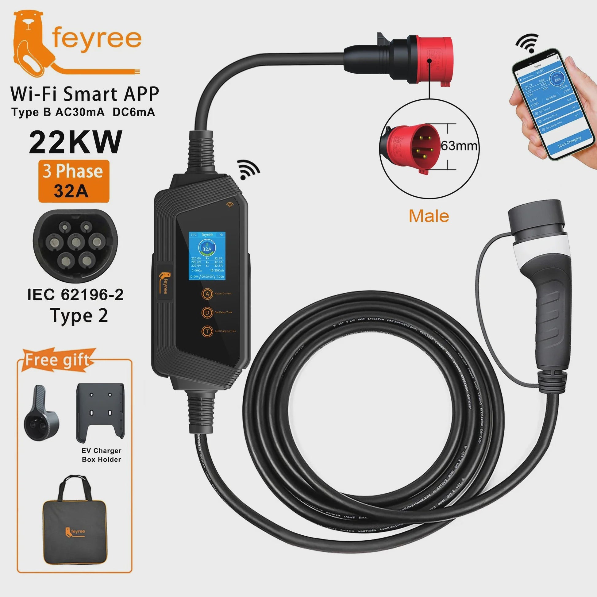 Feyree 22KW 3-Fase Draagbare EV Charger Type 2 met Wi-Fi APP Controle