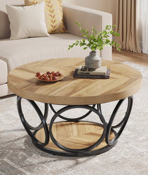 Ronde Houten Salontafel 80cm met 2-Laags Opbergruimte - Landhuisstijl