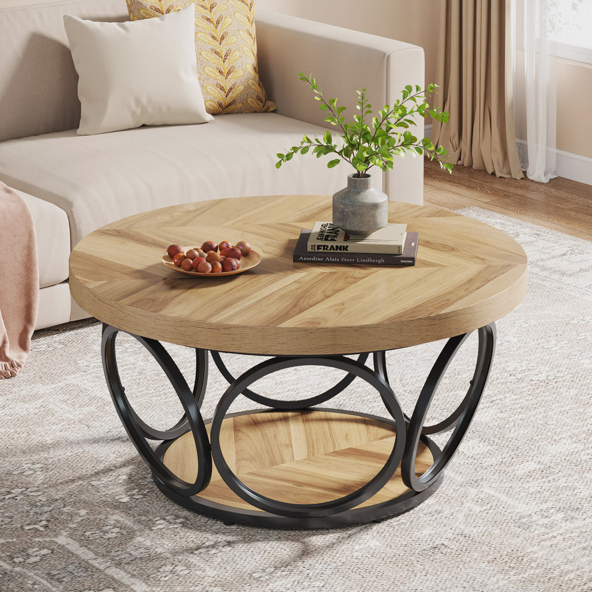 Ronde Houten Salontafel 80cm met 2-Laags Opbergruimte - Landhuisstijl