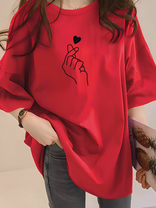 Zomer T-shirt Dames met Hart & Letter Print - Casual Loose Fit