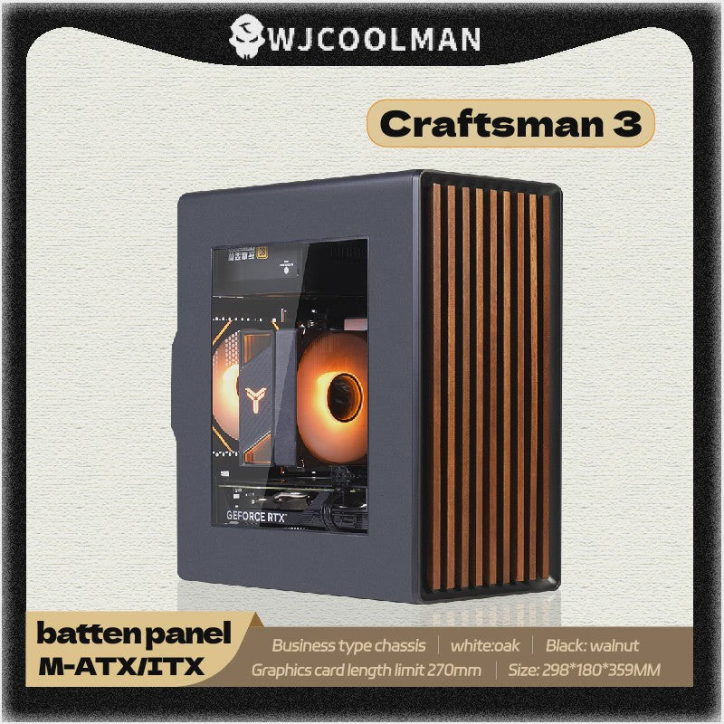 WJCOOLMAN Craftsman 3 PC Case: Stijlvolle Transparante Behuizing met Houten Accenten voor Desktop & Gaming