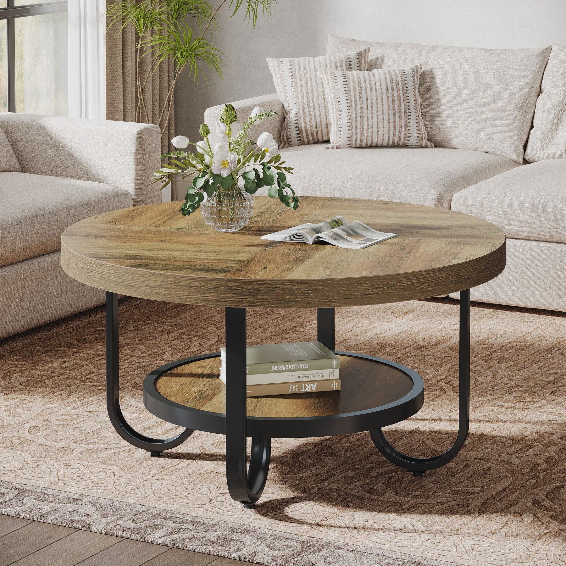 Stijlvolle Ronde Salontafel met 2 Lagen en Opbergplank - 79cm Diameter