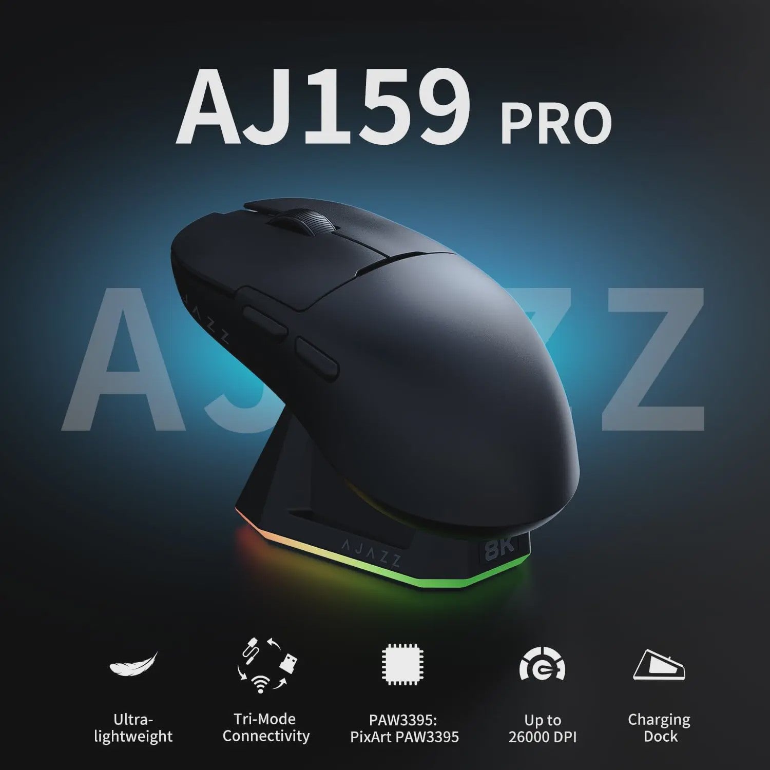 Ajazz AJ159 Pro Draadloze Gaming Muis - PAW3395 Sensor, 26K DPI, Tri-Mode Connectiviteit