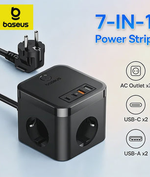 Baseus 7-in-1 GaN Power Strip: 30W Snellader met 3 Stopcontacten, 2x USB-A & 2x USB-C PD