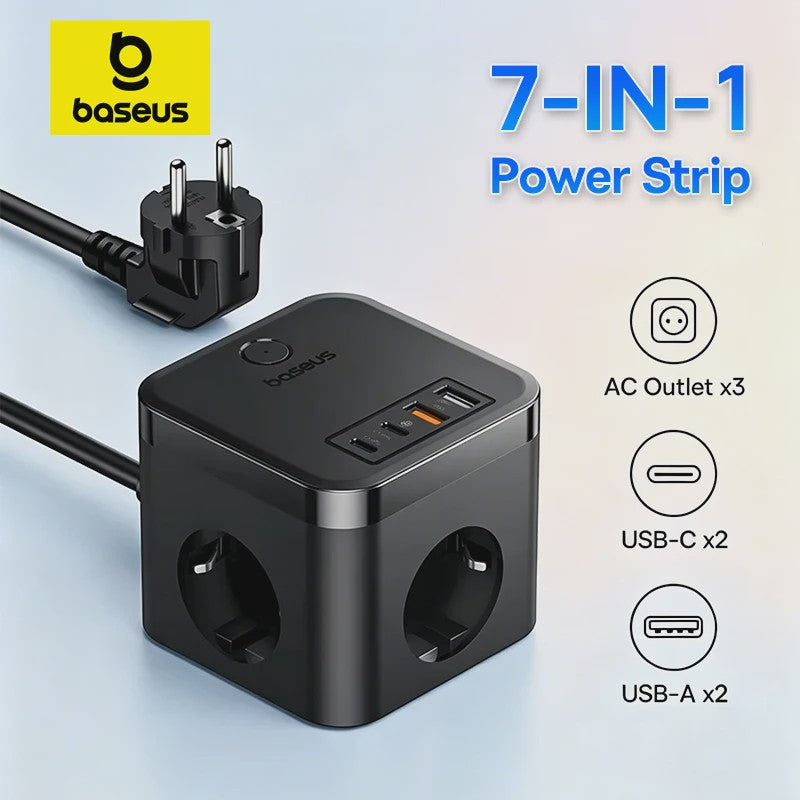 Baseus 7-in-1 GaN Power Strip: 30W Snellader met 3 Stopcontacten, 2x USB-A & 2x USB-C PD