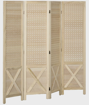 Homcom Houten Kamerverdeler 4 Paneel Vouwbaar - Natuurlijk Hout, 152x144.5 cm