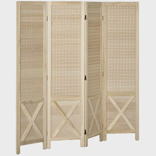 Homcom Houten Kamerverdeler 4 Paneel Vouwbaar - Natuurlijk Hout, 152x144.5 cm