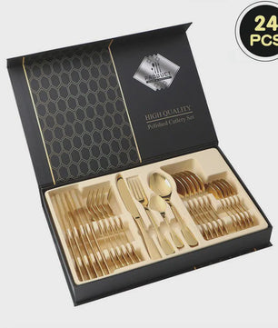 24-delige Goudkleurige RVS Bestekset - Portugees Design, Steakmessen & Dessertlepels