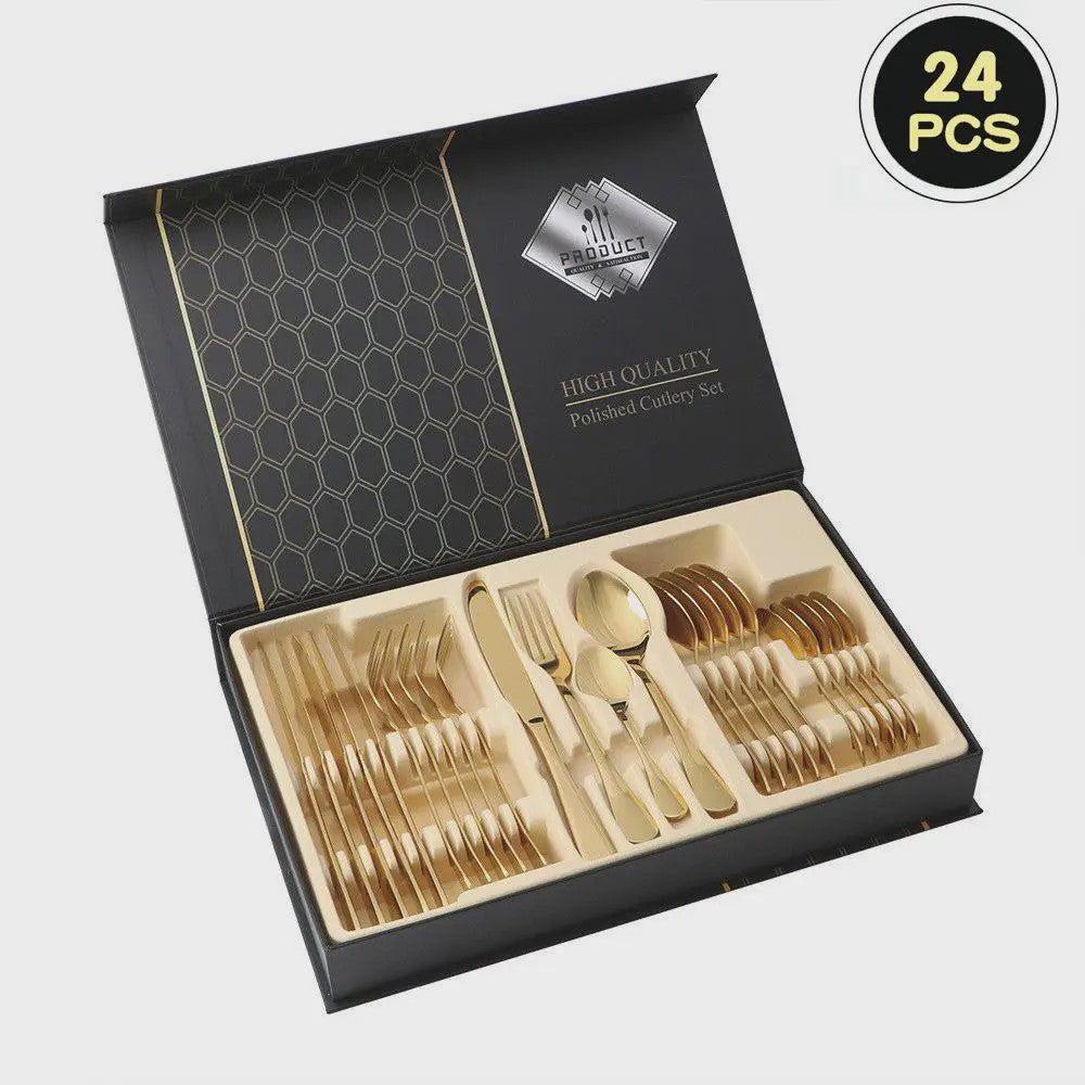 24-delige Goudkleurige RVS Bestekset - Portugees Design, Steakmessen & Dessertlepels