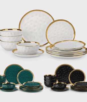 LOVECASA 12/24-delig Servies Set - Porselein met Gouden Rand - Dinerborden & Kommetjes