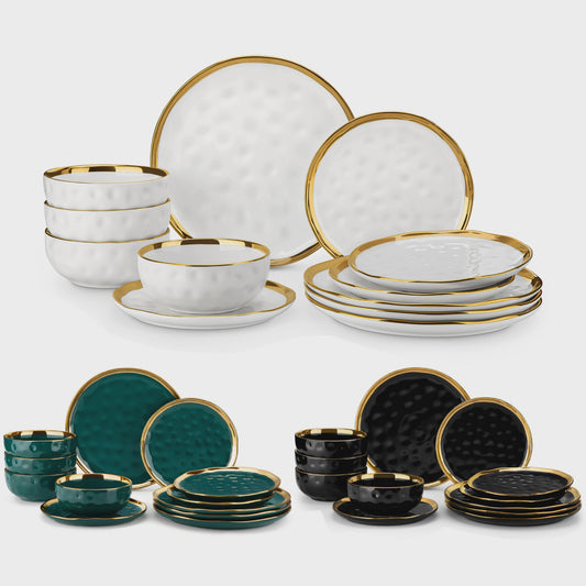 LOVECASA 12/24-delig Servies Set - Porselein met Gouden Rand - Dinerborden & Kommetjes