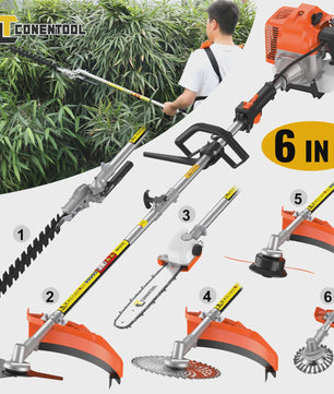 CONENTOOL 52CC 6-in-1 Benzine Tuinmachine: Grastrimmer, Heggenschaar, Kettingzaag & Meer